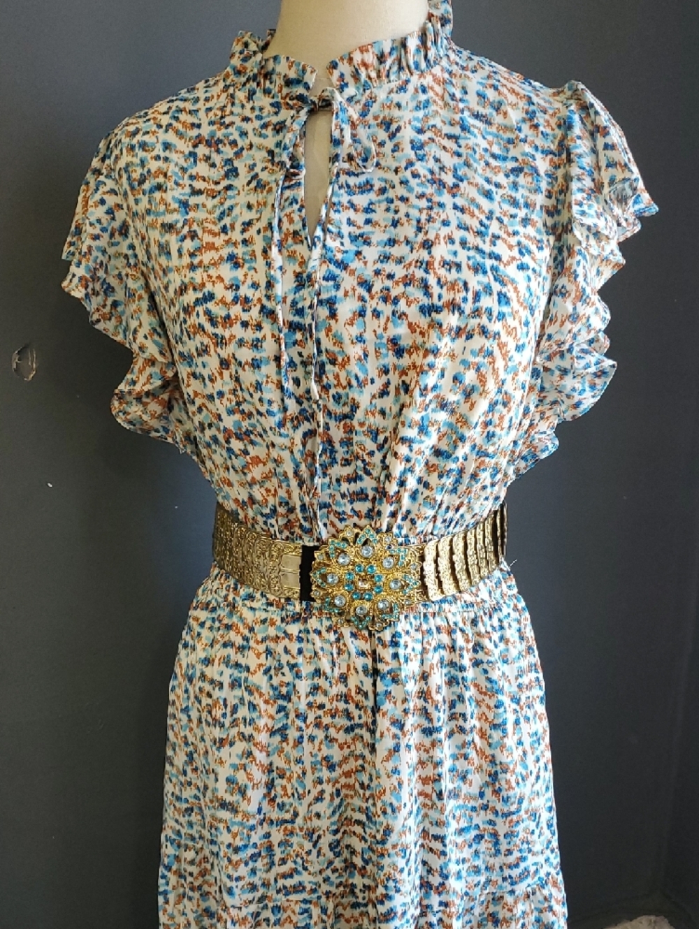 Glamour Blue and Cream Ruffle Sleeve Maxi Dress - Picture 8 of 13